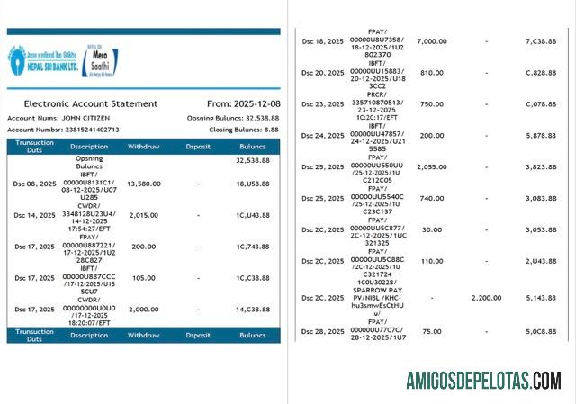 em branco Nepal SBI Bank Extrato de conta eletrônica modelo Word e PDF, 2 páginas